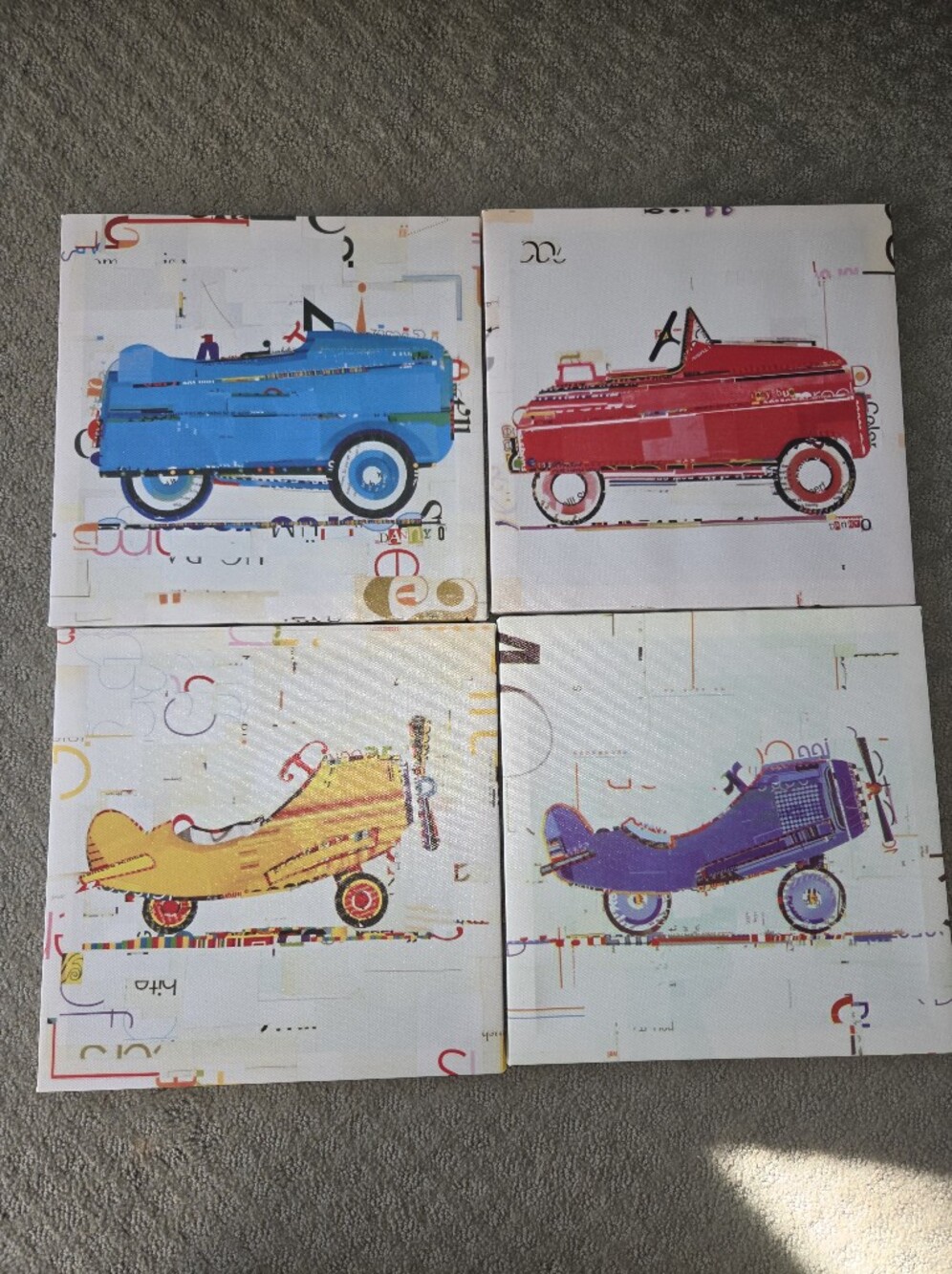 Vintage Car Pop Art Wall Canvas Set - Red, Purple, Blue, Yellow